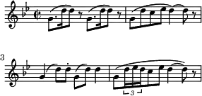 \header { tagline = ##f }
\score {
\new Staff \with{ \magnifyStaff #4/5 }{
\key g \minor
\once \omit Score.MetronomeMark
\tempo 4 = 112
\time 2/2
\override Score.SpacingSpanner #'common-shortest-duration = #(ly:make-moment 1 8)
\new Voice {
\relative c'' {g8.( d'16 d8) r g,8.( d'16 d8) r g,8( d' c ees d4)~d8 r g,4( d'8) d\staccato g,8( d'8) d4 g,8( \tuplet 3/2 {d'16 ees d} c8 ees d4~d8) r}
}
}
\layout {indent = 0\mm line-width = 70\mm}
\midi {}
}