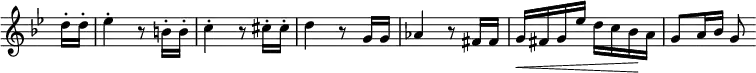 \relative c'' \new Staff \with { \remove "Time_signature_engraver" } {
\set Score.tempoHideNote = ##t \tempo "" 4=50 \key g \minor \time 2/4 \partial 8
d16-. d-. es4-. r8 b16-. b-. c4-. r8 cis16-. cis-. d4 r8 g,16 g
aes4 r8 fis16 fis g\< fis g es' d c bes\! a g8 a16 bes g8
}