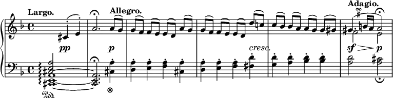 
 \relative c' {
  \new PianoStaff <<
   \set PianoStaff.connectArpeggios = ##t
   \new Staff = "up" { \key d \minor \time 4/4 \tempo "Largo."
    <<
     {
      \override TextScript #'avoid-slur = #'inside
      \override TextScript #'outside-staff-priority = ##f
      \change Staff = "down" <a e cis>2\arpeggio \change Staff = "up" cis4-.( e-.) a2.\fermata
      \tempo "Allegro."
      a8 ( g) g[( f)] f( e) e[( d)] a'( g) g[( f)] f( e) e[( d)] d'( c!) c[( bes)] bes( a) a[( g)] g( gis)
      \tempo "Adagio."
      gis4.(^\markup    
             \teeny \override #'(baseline-skip . 1) {
              \null \halign #-3
              \center-column {
               \musicglyph #"scripts.turn"
               \sharp
              }
             }
      (  b16a a2\fermata)
     }
    \\
     { s1 s1 s1 s1 s1 f2 e2 }
    >>
   }
   \new Dynamics {
    s2 s2\pp s2. s4\p s1 s2. s8\cresc s8\! s1 s2\sf \> s2\p
   }
   \new Staff = "down" { \key d \minor \time 4/4 \clef bass
    \set tieWaitForNote = ##t
    <a,,~ e~ cis~>1\arpeggio \sustainOn <a e cis>2.\fermata
    <a' cis,>4-. \sustainOff <a d,>-. <a e>-. <a f>-. <a cis,>-. <a d,>-. <a e>-. <a f>-. <d fis,>-. <d g,>-. <d a>-. <d bes>-. <d bes>-.
    <d a>2 <cis a>_\fermata
   }
  >>
 }
