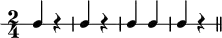 
\new RhythmicStaff {
   \clef percussion
   \time 2/4
   c4 r c r c c c r \bar "||"
}

