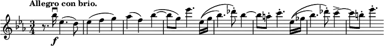 
\relative c''' {
 \key es \major \time 3/4 \set Score.tempoHideNote = ##t \tempo "Allegro con brio." 4=125
 \override Score.NonMusicalPaperColumn #'line-break-permission = ##f
 r8. bes16\f \downbow es,4.( d8) es4( f g) aes( f) bes( ~ bes8 g) es'4. es,16^\( ( g
 bes4.) des8-.\) bes4~ bes8 a-. c4.-. es,16^\( ( ges bes4.) des8-.\) c4-> ~ c8 b-. es4.-.
}
