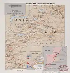 中国＝ソ連国境の西部の地図。中国が領有を主張する地域が示されている。